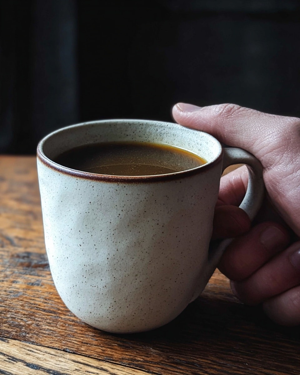 A simple close-up view of a rustic white ceramic cup with slight brown speckles and a worn edge, filled nearly to the top with a dark brown broth that has a thin golden layer of oil on its surface. The cup sits on a wooden table with a warm tone, slightly rough texture. photo taken with an iphone --ar 4:5 --v 7