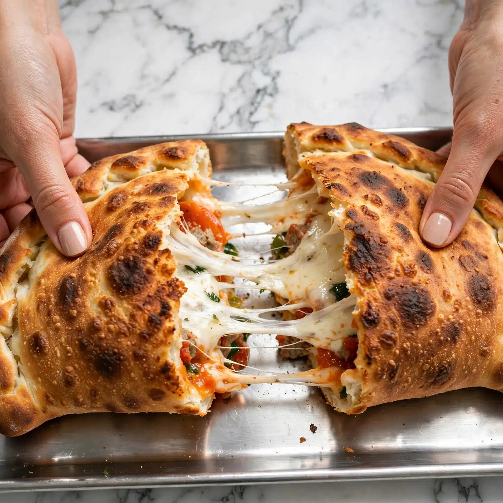 Buffalo Chicken Calzone Recipe 5 A close-up of a calzone slice on a white plate, showing a golden brown, slightly crispy crust with small green parsley pieces scattered on top and around the plate. Inside, there are three visible layers: the top melted layer is light orange cheese, below it is shredded light brown chicken mixed with melted white cheese, and the bottom layer is also melted white cheese mixed with more shredded light brown chicken. In the back right, there is a white ramekin filled with white dipping sauce. The surface beneath the plate is a white marbled texture. Photo taken with an iphone --ar 4:5 --v 7