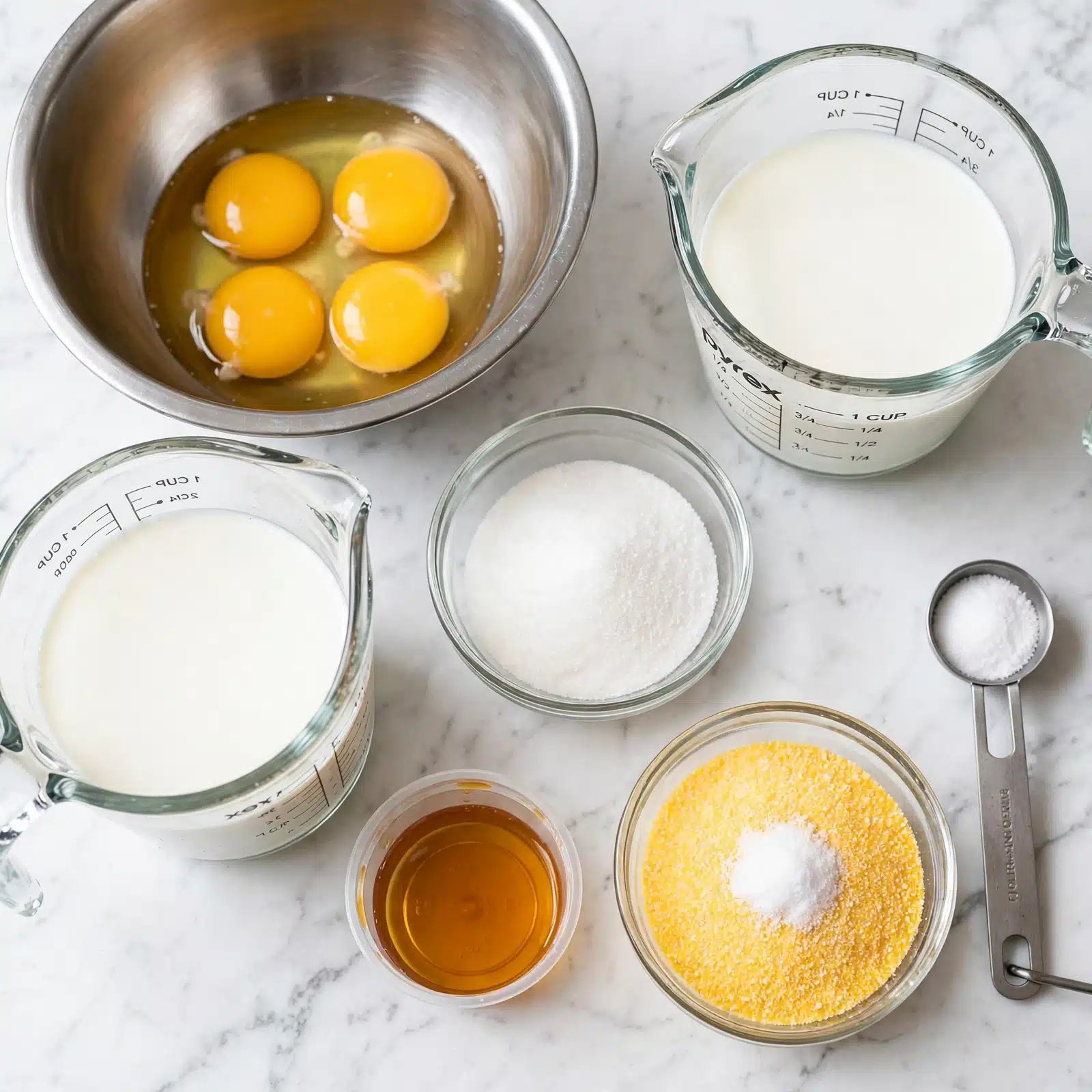 Homemade Cornbread Ice Cream Recipe 4 The image shows seven ingredients arranged on a white marbled surface. At the top left, a silver mixing bowl holds four bright yellow egg yolks. To the right, a clear measuring cup contains white liquid with measurement markings. Below the bowl, a clear glass measuring jug is filled with white liquid. In the center, a small clear bowl holds white granulated sugar. Below that, an amber-colored liquid in a small plastic container contrasts with a nearby small clear bowl filled with yellow cornmeal topped with a small white salt pile. At the right edge, a metal measuring spoon holds white granulated salt. All items form a neat layout ready for baking or cooking preparation. Photo taken with an iphone --ar 4:5 --v 7