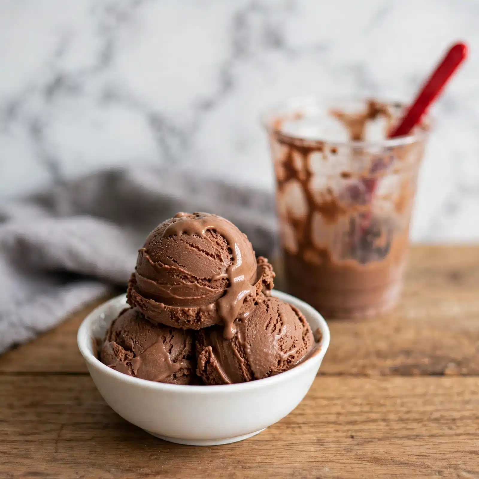 Malted Chocolate Peanut Butter Ice Cream Recipe 5 The image shows two white small bowls placed on a wooden surface with a white marbled texture background. Each bowl contains three scoops of rich, creamy chocolate ice cream with a smooth texture and some slight melting on the top scoop, giving it a soft look. In the background, there is a clear plastic cup with chocolate ice cream residue on the inside and a red spoon sticking out. A grey cloth is softly draped next to the cup. The focus is sharp on the front bowl, with a blurred background. Photo taken with an iphone --ar 4:5 --v 7