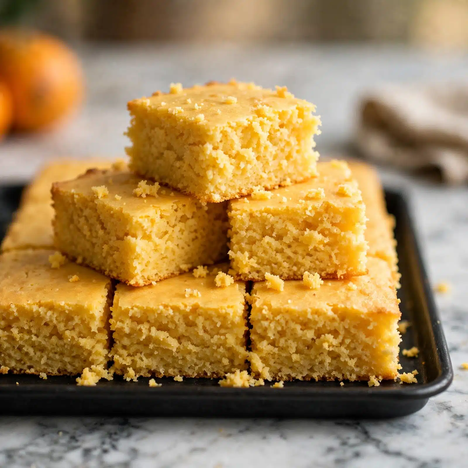 The image shows a close-up of square pieces of golden yellow cornbread stacked on a dark baking tray, with two pieces placed on top of the others in the center. The cornbread has a soft, slightly crumbly texture visible on the edges and surfaces. The background features a blurred orange and a small cloth, all set on a white marbled surface. The lighting highlights the warm, moist appearance of the cornbread. photo taken with an iphone --ar 4:5 --v 7