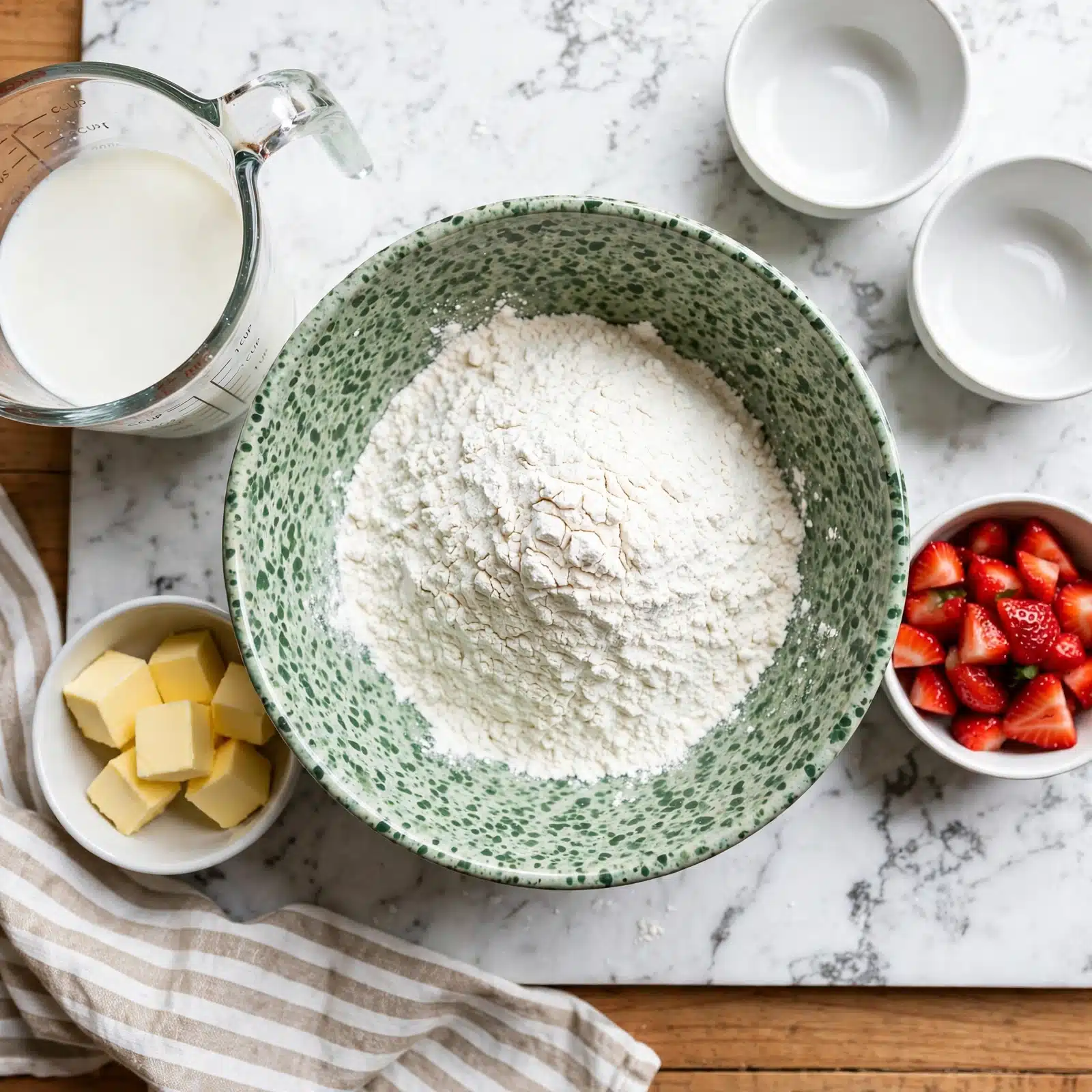 Classic Strawberry Shortcake Recipe 4 A large bowl with a green speckled pattern holds a heap of white flour in the center, placed on a wooden table with a beige and white striped cloth nearby. Around the bowl, there is a clear measuring cup filled with white liquid, a small white bowl with cubed yellow butter, another white bowl filled with fresh red strawberries cut into pieces, and two more small empty white bowls near the top right, all set on a white marbled textured surface. The composition shows all ingredients ready for baking. photo taken with an iphone --ar 4:5 --v 7