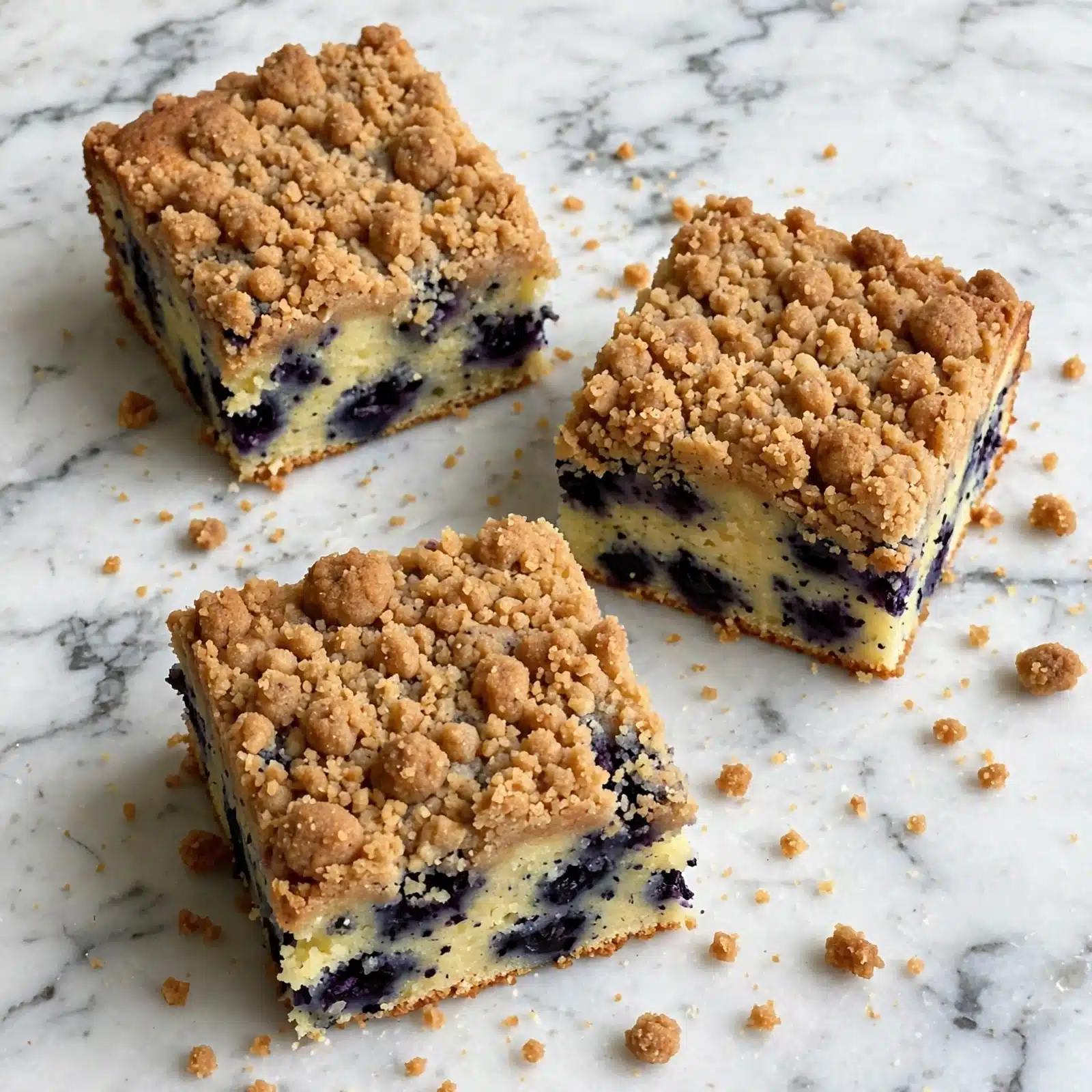 The image shows three square pieces of crumb cake with visible layers. The bottom layer is a soft yellow cake mixed with dark purple blueberries, giving a speckled effect. On top, there is a thick layer of golden brown crumb topping that looks dry and crumbly, with some loose crumbs scattered on the white marbled surface below. The edges of the cake pieces are slightly rough, showing a crunchy texture. Photo taken with an iphone --ar 4:5 --v 7