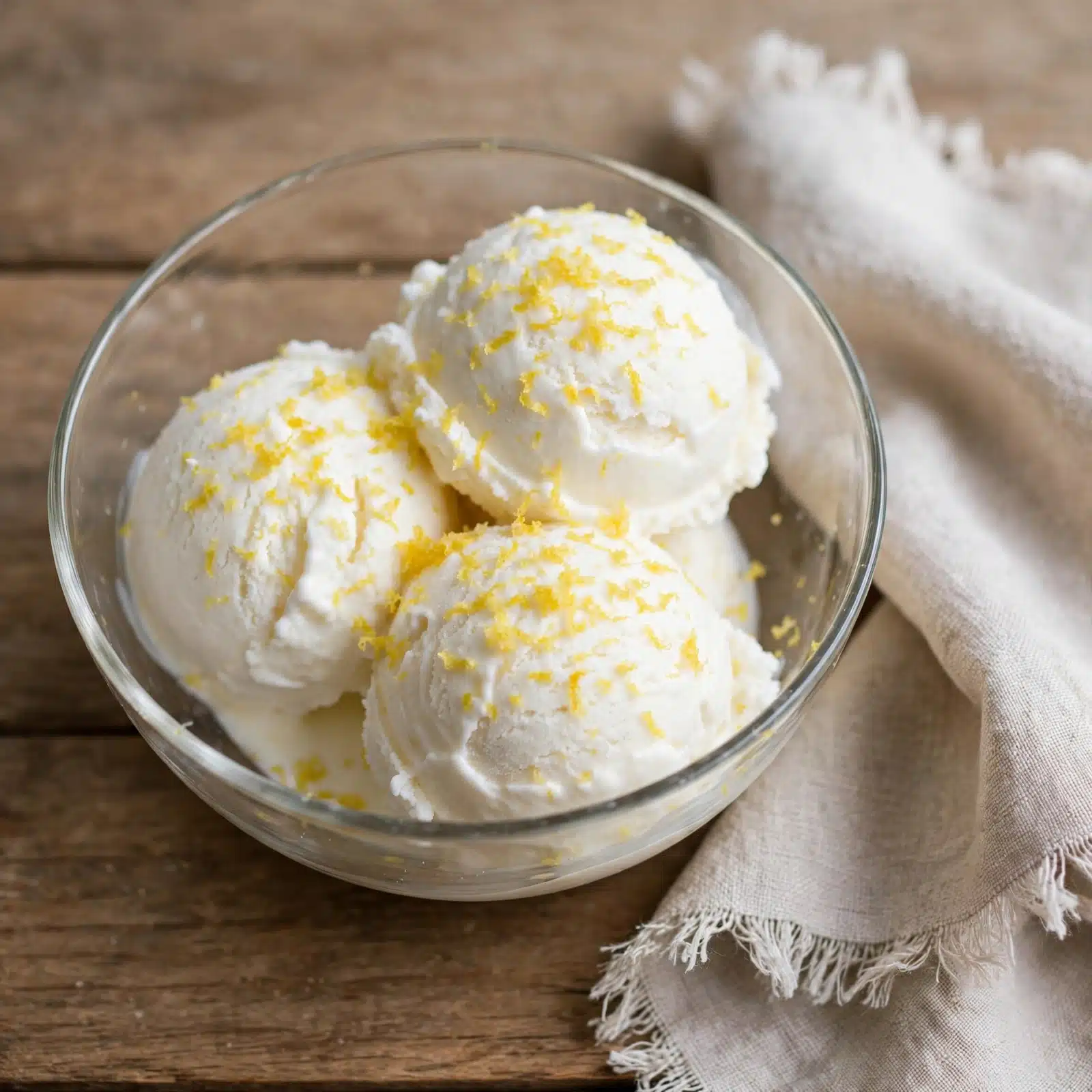 A clear glass bowl with three scoops of white ice cream topped with fine yellow zest, creating a light and simple contrast. The bowl is set on a wooden surface next to a beige cloth with frayed edges. The ice cream has a soft texture with the zest evenly spread on the top layer, adding a touch of color to the white ice cream. photo taken with an iphone --ar 4:5 --v 7