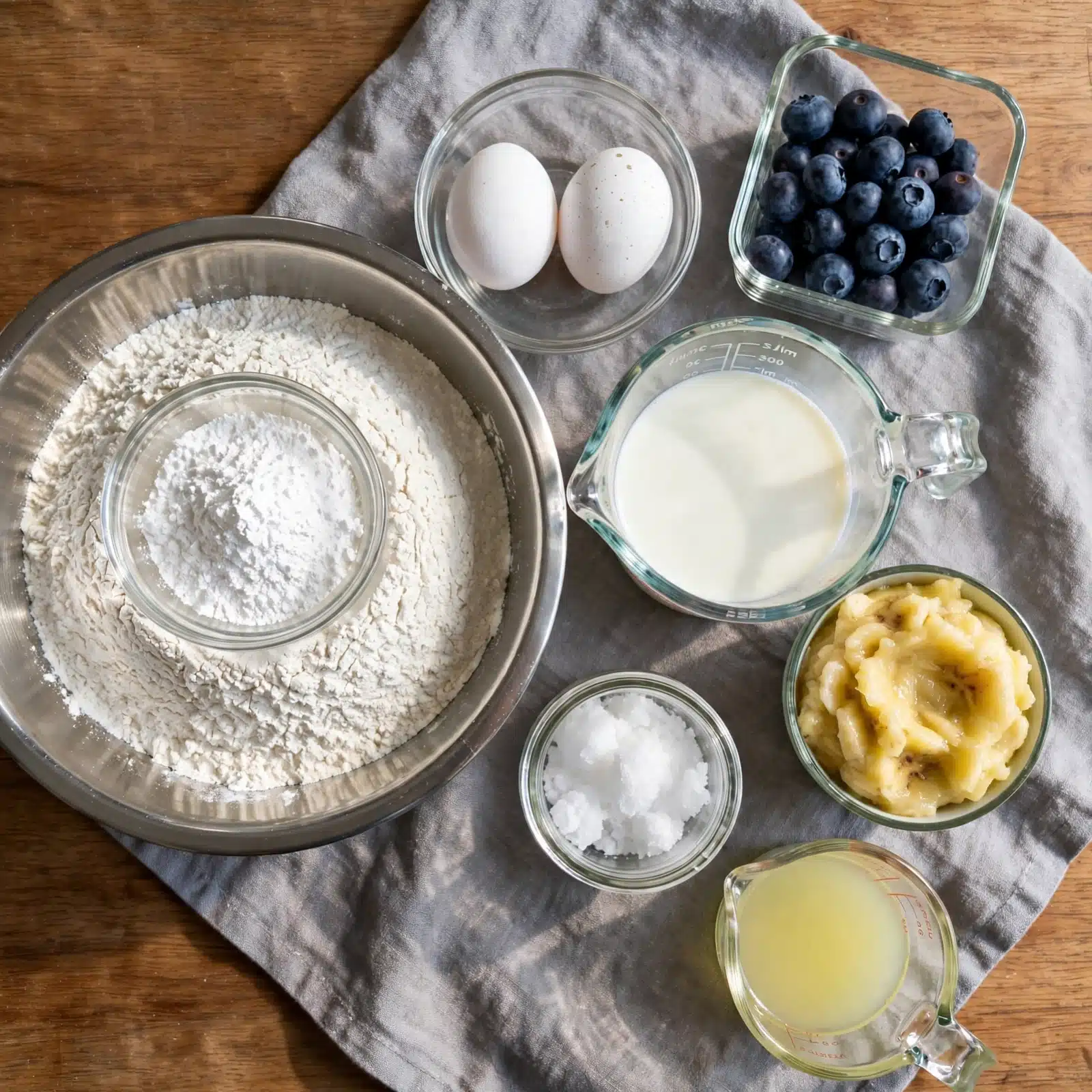 A top view of several small containers and bowls arranged on a wooden surface with a grey cloth beneath them. There is a large silver bowl filled with white flour and a small glass bowl with white powder on top of the flour. Next to it is a small transparent bowl holding two white eggs. Nearby, a container holds fresh dark blue blueberries. A clear measuring cup with white milk and another small clear container with a white solid ingredient sit beside a bowl with mashed yellow bananas. A small clear measuring cup with a light yellow liquid is also present. The whole scene is bright and clear with soft natural light. Photo taken with an iphone --ar 4:5 --v 7