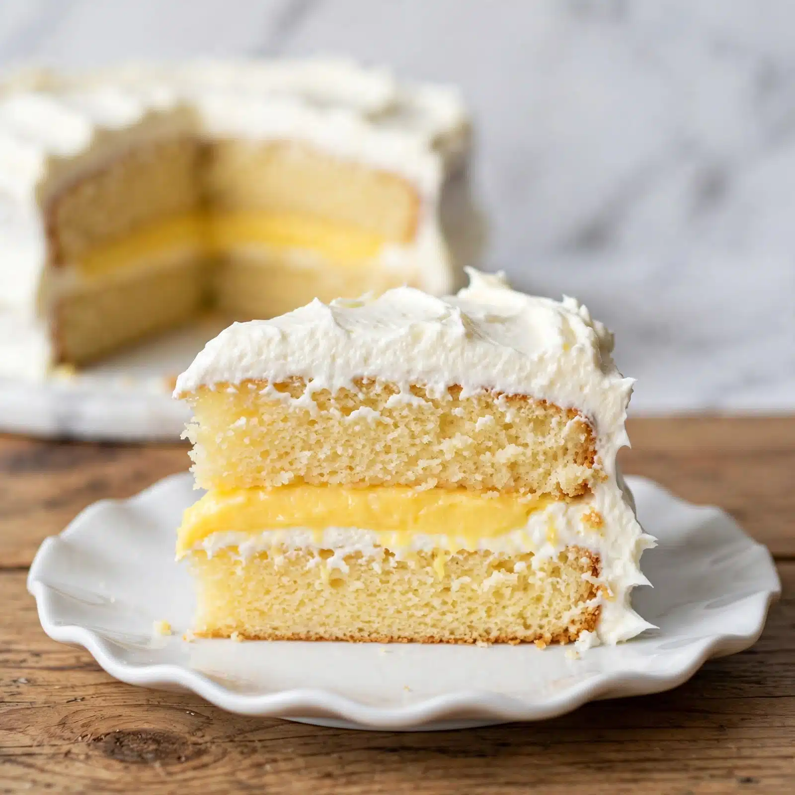 Lemon Cream Cake with Lemon Curd and Cream Cheese Frosting Recipe 5 A slice of two-layer white cake sits on a white wavy-edged plate, placed on a wooden table with a white marbled background. The cake has light yellow sponge layers with a moist, soft texture. Between the two sponge layers is a thick middle layer of smooth, bright yellow filling. On top of the cake and between the layers is a creamy white frosting spread evenly but with a slightly fluffy texture, extending just past the edge of the top layer. The rest of the cake is blurred in the background behind the slice, showing the same layers and frosting. Photo taken with an iphone --ar 4:5 --v 7