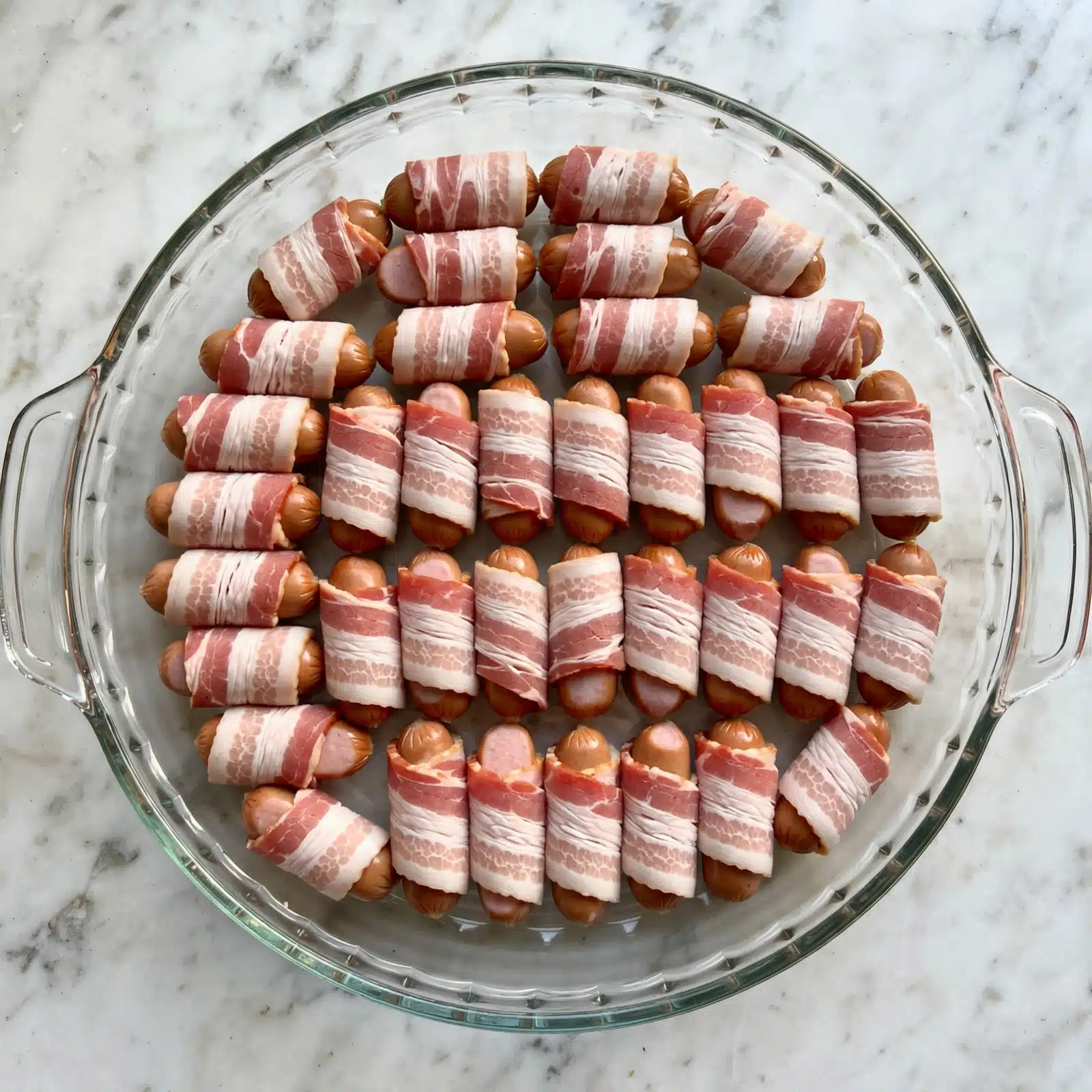 Little Smokies Wrapped in Bacon with Brown Sugar Recipe 4 A white plate filled with many small rolls made of crispy bacon wrapped around small sausages, each roll showing a shiny and slightly browned texture with bits of caramelized sugar or glaze on top. The rolls are stacked closely together, forming a mound. A woman's hand is holding a toothpick and piercing one of the bacon-wrapped sausages. The background is soft and light, with a hint of blue fabric and a white marbled surface visible beneath the plate. photo taken with an iphone --ar 4:5 --v 7