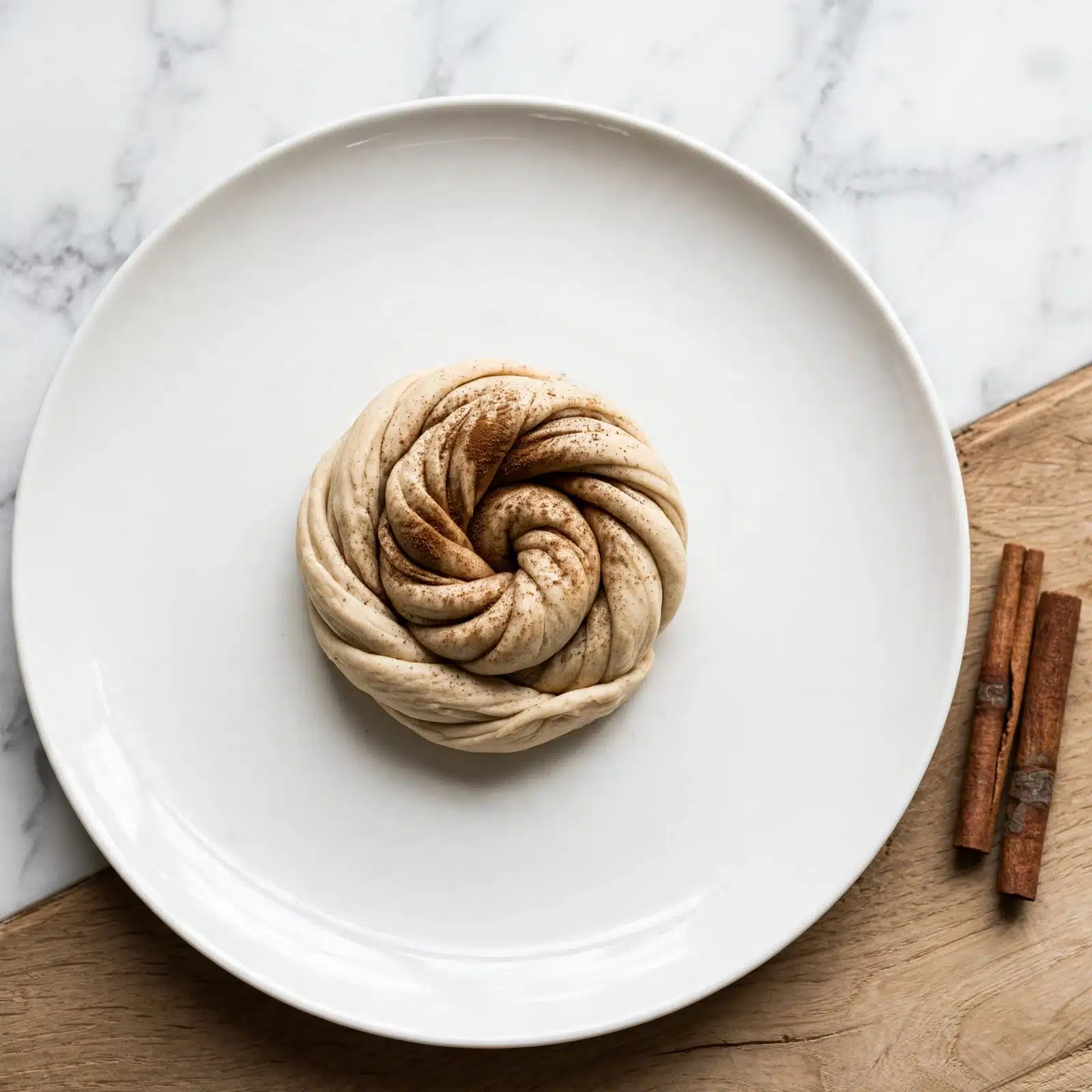 Tembleque - Puerto Rican Coconut Pudding Recipe 5 A small bundle of light beige dough shaped like a spiral nest sits in the center of a large white plate with a smooth, slightly shiny surface. The dough is dusted with a fine, dark cinnamon powder, especially on top and in the creases of the spiral, adding a warm brown color contrast. To the right side of the plate, on a wooden surface, are two cinnamon sticks placed close together with a rough texture and a deep brown color. The background is a white marbled texture. The photo taken with an iphone --ar 4:5 --v 7
