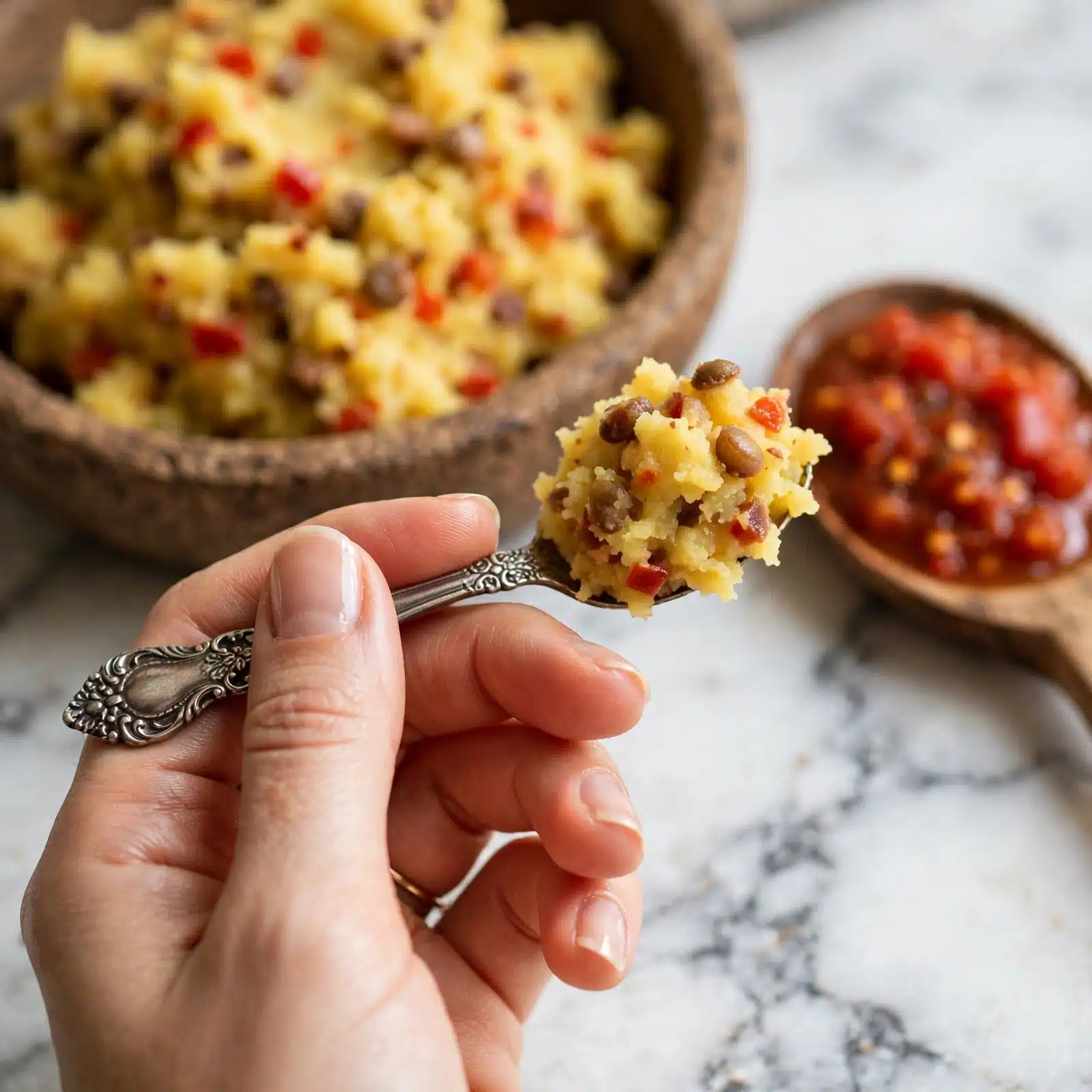A close-up of a woman's hand holding a small ornate spoon with a scoop of yellowish mashed food mixed with small red and brown bits. In the background, there is a wooden bowl filled with the same mashed mixture, and to the right side, there is a wooden spoon with a red chunky sauce inside. All is set on a white marbled surface. photo taken with an iphone --ar 4:5 --v 7