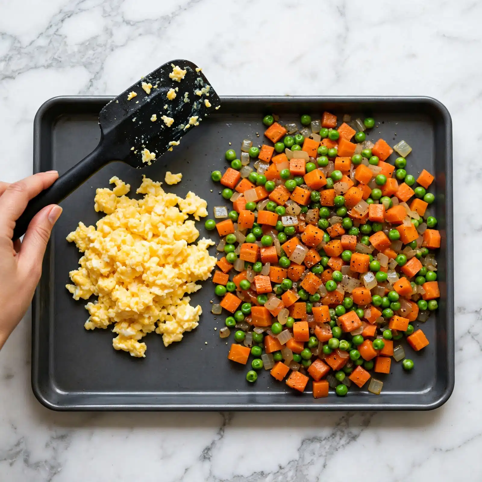 The image shows a close-up of a white plate with a serving of fried rice, held by a woman's hand with a blue and white marble-like nail design. The fried rice has mixed colors from the ingredients: light brown rice grains, bright orange carrot cubes, green peas, and small yellow egg pieces scattered evenly throughout. In the background, there is a black serving dish filled with more fried rice, slightly blurred to highlight the foreground. A black spoon is lifting a portion of the fried rice, showing its texture and the mix of vegetables clearly. The setting has a white marbled surface below. Photo taken with an iphone --ar 4:5 --v 7