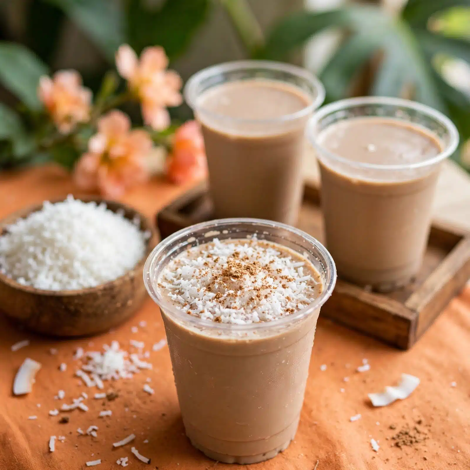 Limbers de Coco: Creamy Puerto Rican Coconut Ice Pops Recipe 5 A clear plastic cup in the front holds a creamy, light brown drink topped with fluffy white coconut shreds and a sprinkle of brown powder, creating a textured mix on top. Behind it are two more clear plastic cups filled with the same light creamy drink, placed on a small wooden tray. To the left, there is a wooden bowl filled with white coconut shreds, set on an orange surface that has scattered coconut pieces. In the background, large green leaves and soft peach and orange flowers add color and a natural feel. Photo taken with an iphone --ar 4:5 --v 7