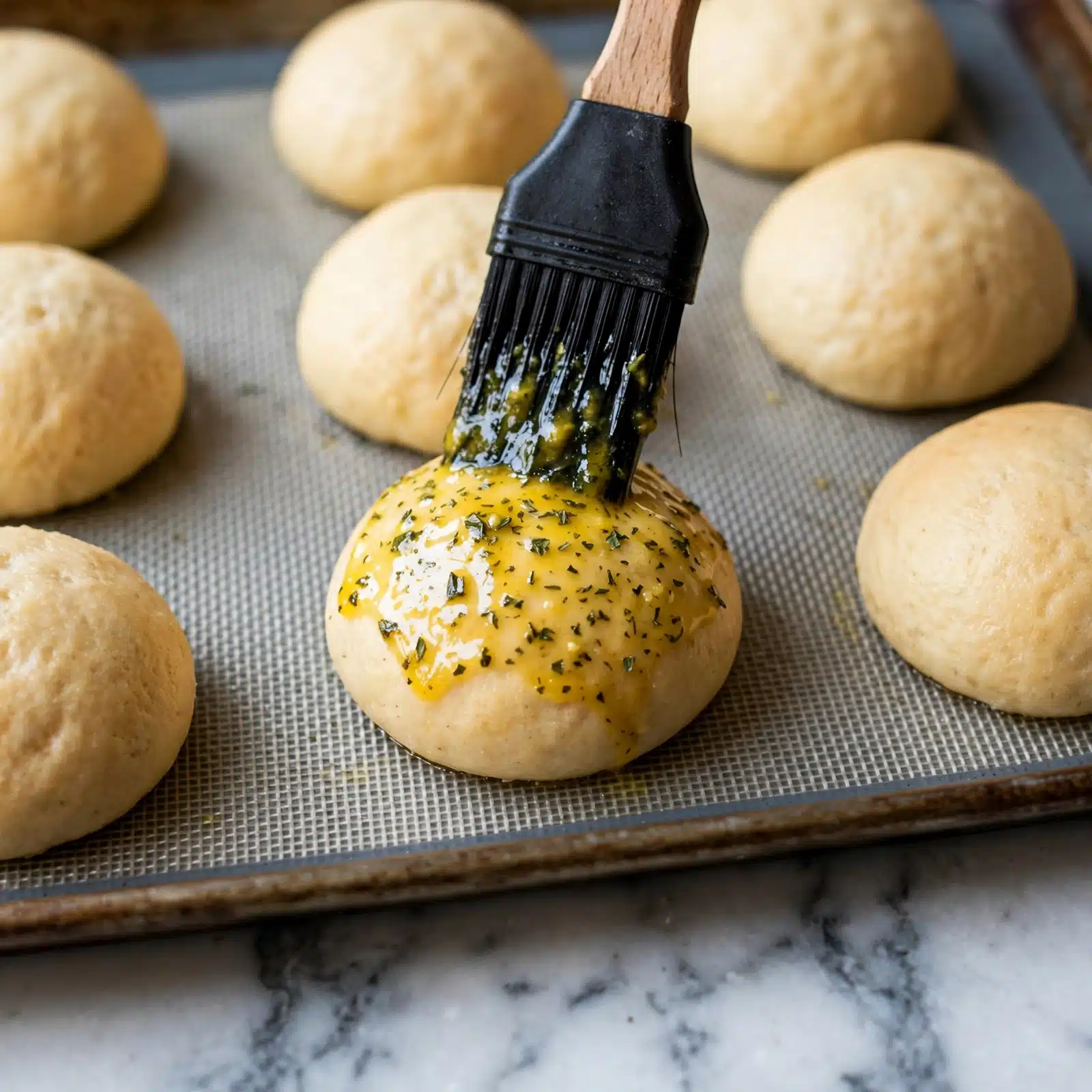 Cheese Stuffed Biscuits Recipe 4 A close-up view of six golden-brown bread rolls on a white plate, each roll topped with small green herb flakes. One roll is being pulled apart by a woman's hand, revealing a thick, stretchy layer of melted white cheese inside. The bread rolls have a soft, fluffy texture and a warm, baked color on top, with smooth dough on the sides. The plate sits on a white marbled surface, adding a clean, bright background to the image. photo taken with an iphone --ar 4:5 --v 7