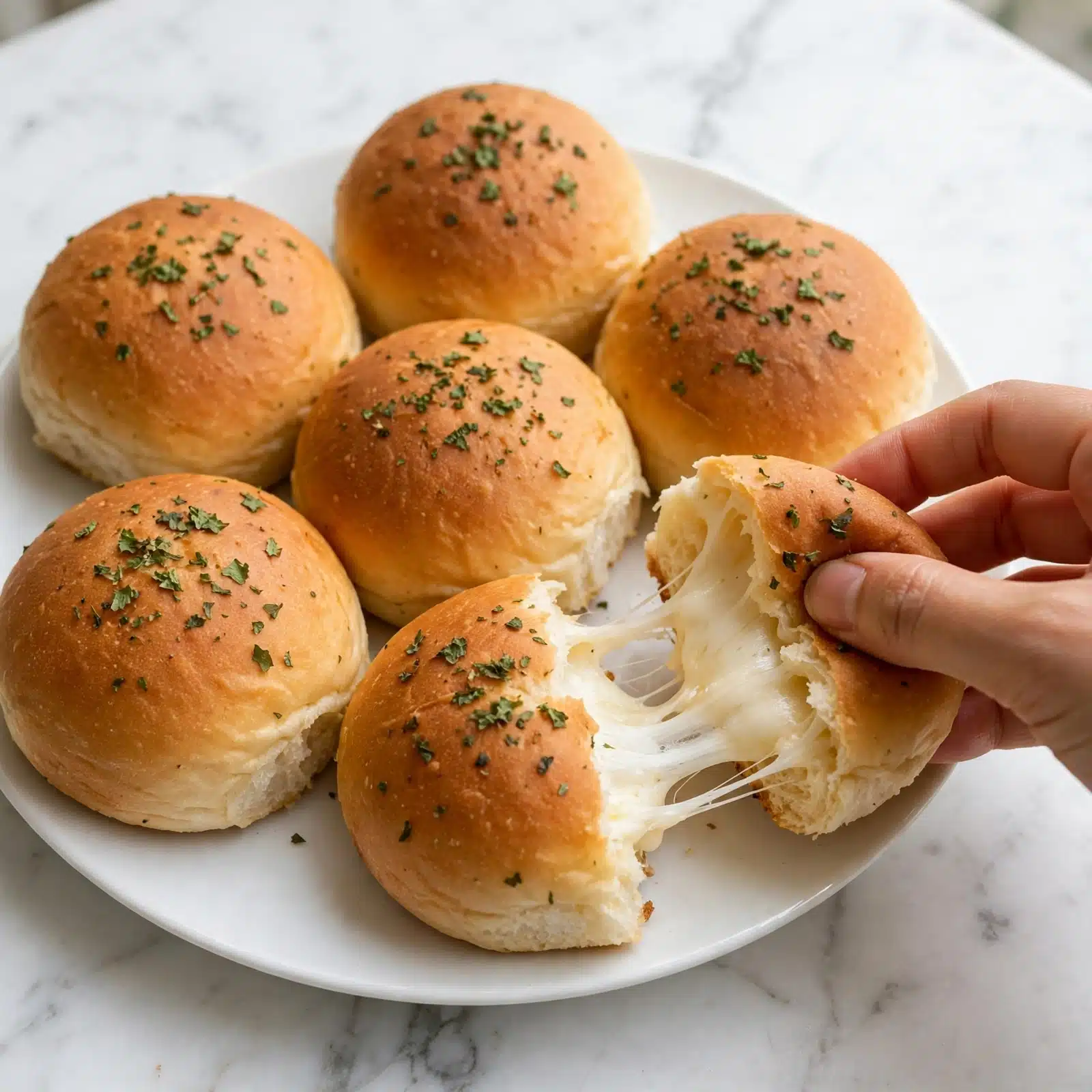 Cheese Stuffed Biscuits Recipe 5 The image shows round dough balls that are light golden in color with a smooth, slightly shiny surface. A black-bristled brush is applying a yellow, oily glaze mixed with visible green herb flakes on the top of one dough ball in the center. The dough balls rest on a textured baking mat inside a shallow tray. The background includes a white marbled surface. The dough balls are arranged in a spaced pattern, soft and puffy in appearance, and the glaze adds a glossy, moist layer to their tops photo taken with an iphone --ar 4:5 --v 7
