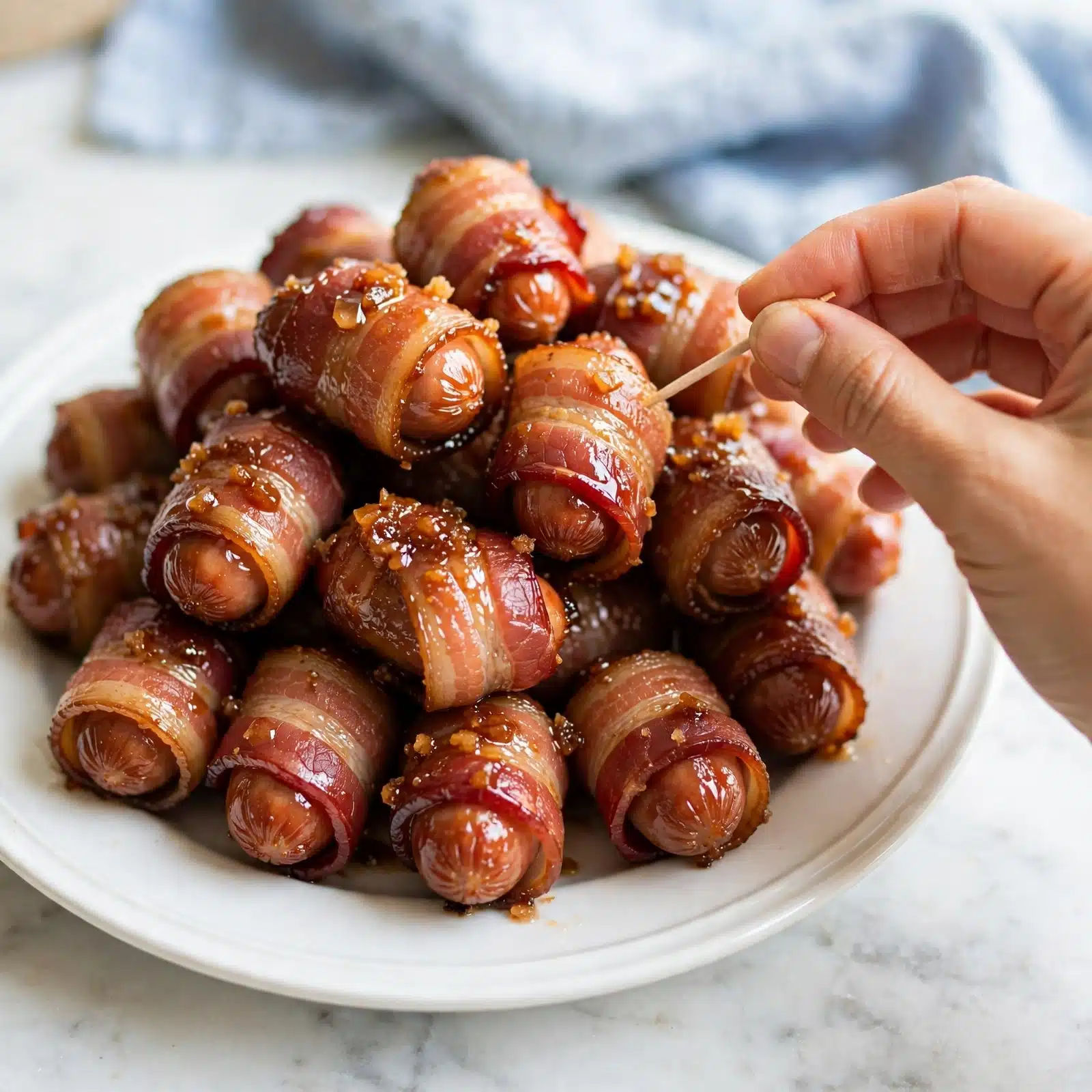 Little Smokies Wrapped in Bacon with Brown Sugar Recipe 5 The image shows a glass baking dish filled with about five rows of small sausages wrapped in golden-brown crispy bacon, each topped with a light sprinkle of crumbly brown sugar. The sausages are tightly rolled in the bacon, and the color varies from deep red to light crispy golden hues. Juices and melted fat collect at the bottom of the dish, giving a shiny, slightly oily texture. The dish sits on a white marbled surface, with natural lighting highlighting the glistening bacon and sugar crystals. photo taken with an iphone --ar 4:5 --v 7